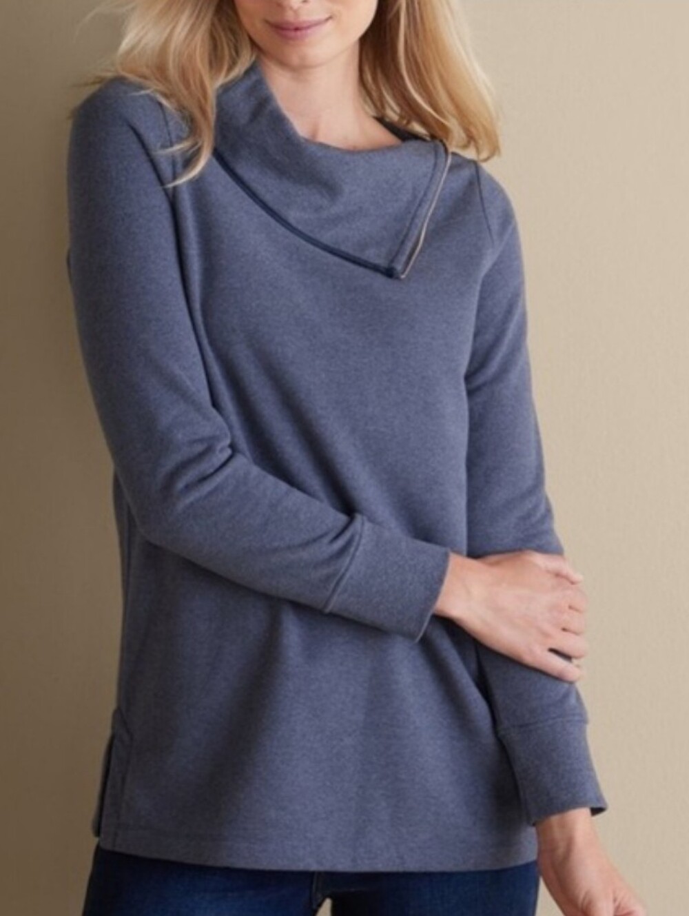 NEW Soft Surroundings Angie Tunic Top Nightshadow Blue Zipper Cowl Neck Large